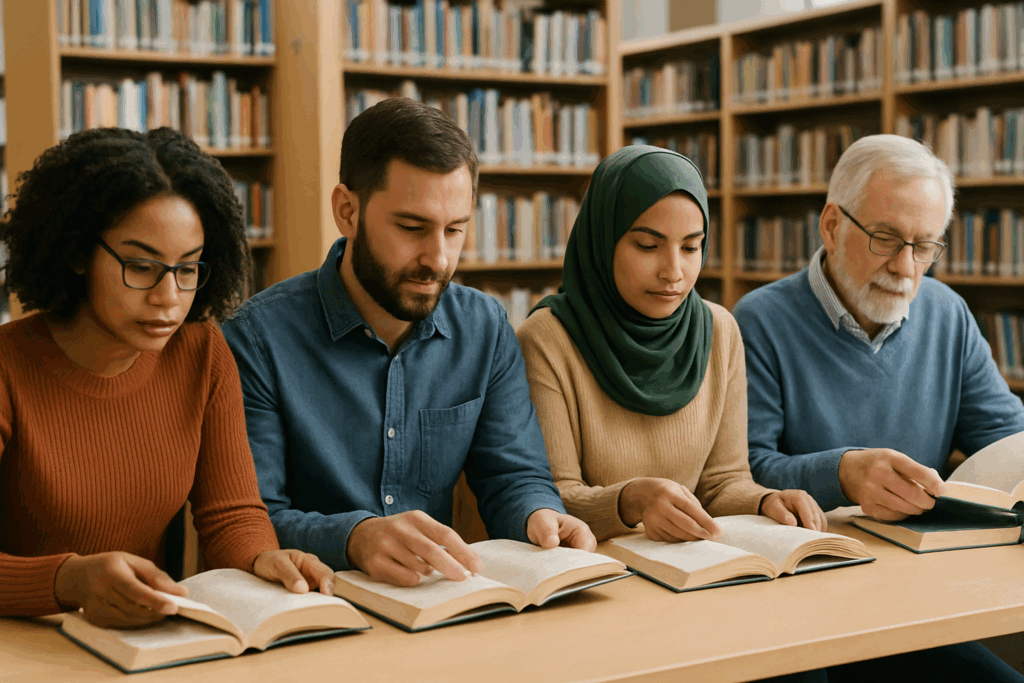 AI image of a group of people in a public library
